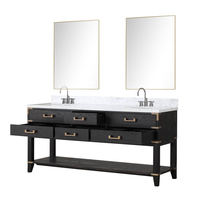 Lexora Norwalk Bath Vanity, Carrara Marble Top, Faucet Set, and Mirror