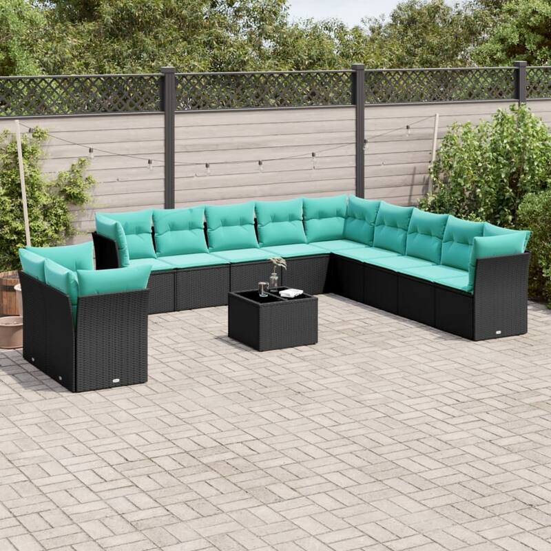 vidaXL 12 Piece Patio Sofa Set with Cushions Black Poly Rattan - 135.6x27.2x67.8