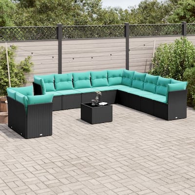 vidaXL 12 Piece Patio Sofa Set with Cushions Black Poly Rattan - 135.6x27.2x67.8