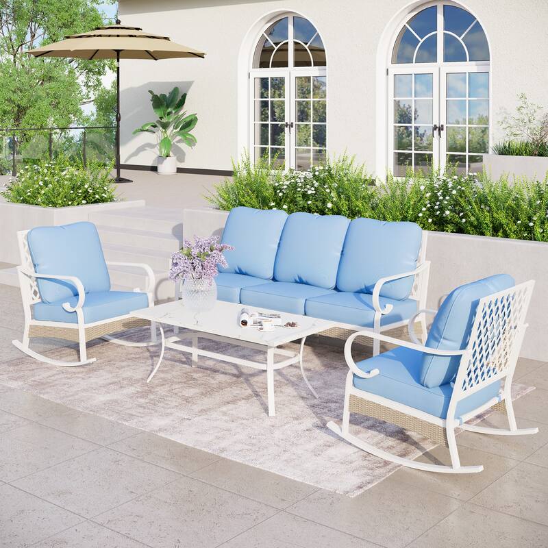 MAISON ARTS 5-Seat Patio Furniture Set, 2 x Cushioned Metal Chair, 1 x 3-Seat Sofa with Marbling Coffee Table