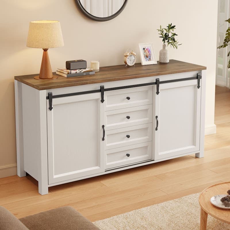 Farmhouse Sideboard Buffet Cabinet with Storage,Coffee Bar Cabinet with 4 Drawers and Sliding Barn Doors