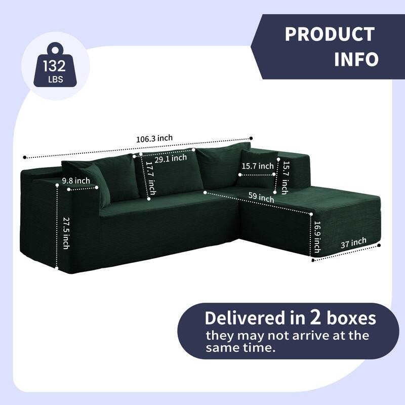 Mixoy W106'' Modern 2-Piece Free Combination Corduroy Upholstered L-Shaped Modular Sectional Sofa with Right Chaise and Pillow