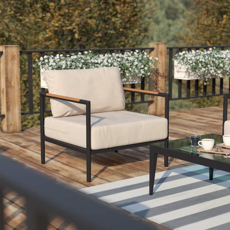 Aluminum Frame Patio Chair with Teak Arm Accents and Plush Cushions - 32.5"W x 29.5"D x 24.5"H