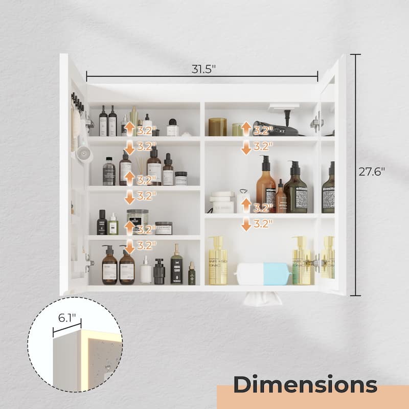 White MDF LED Bathroom Wall Cabinet with Mirror, 7 Shelves and USB - 31.5” x 6.1” x 27.6”