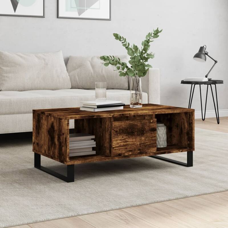 vidaXL Coffee Table White Engineered wood, metal Medium Coffee Table - 19.7 x 35.4 x 14.4 in - Smoked oak