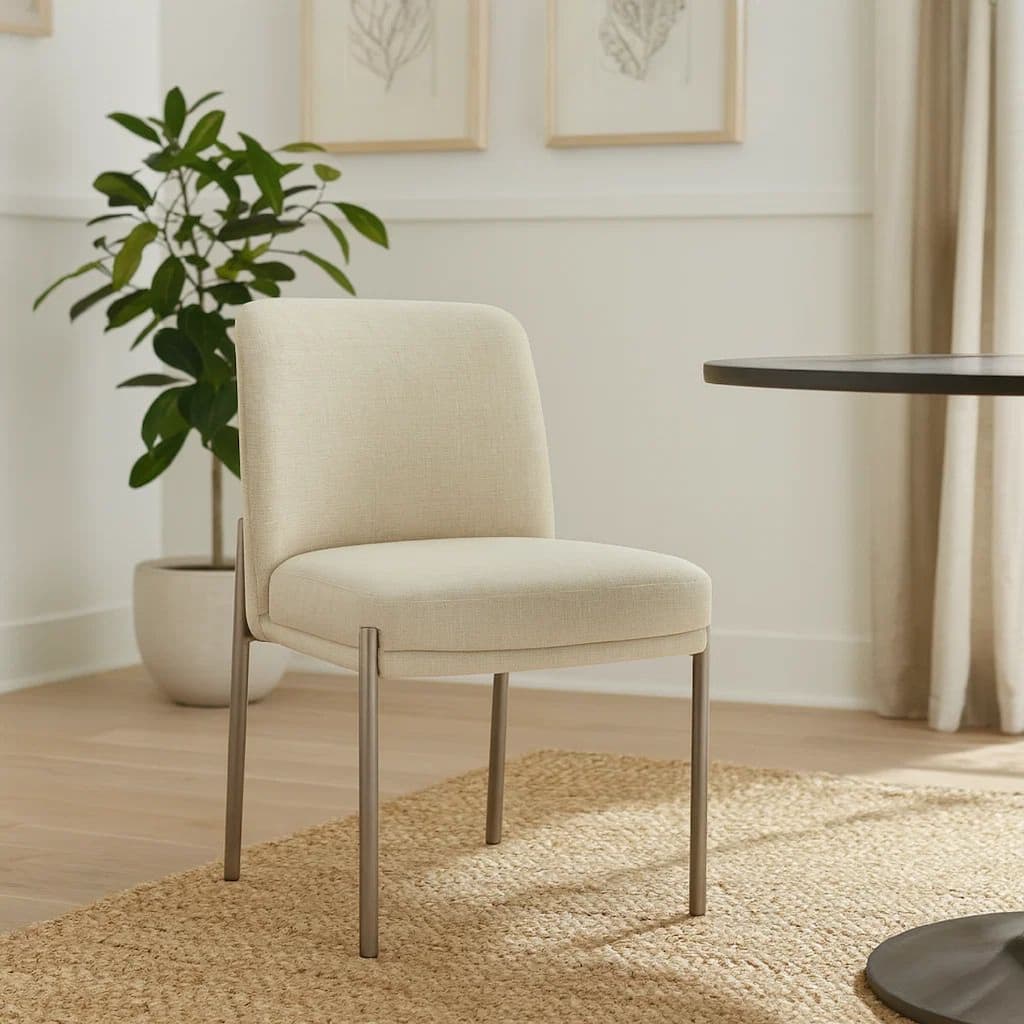 Zame 21 Inch Dining Chair, Cream White Linen, Set of 2, Sleek Modern Metal Legs