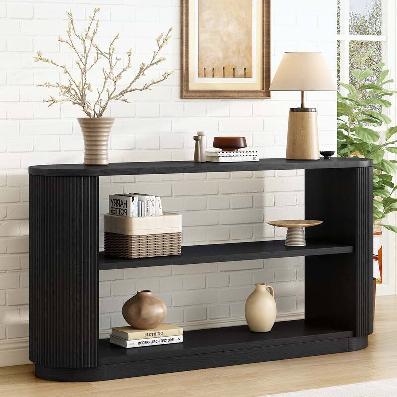 Modern Entryway Console Table with Open Shelf & Elegant Wood Grain - Black
