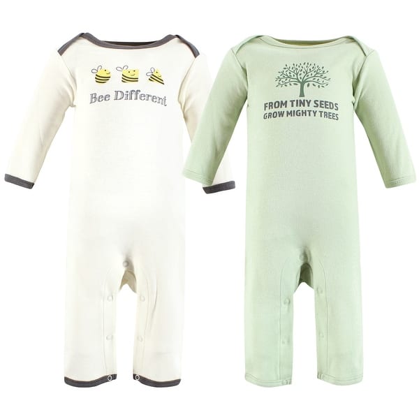 slide 1 of 1, Touched by Nature Organic Cotton Coveralls, Bee Different 0 - 3 Months - Green/White