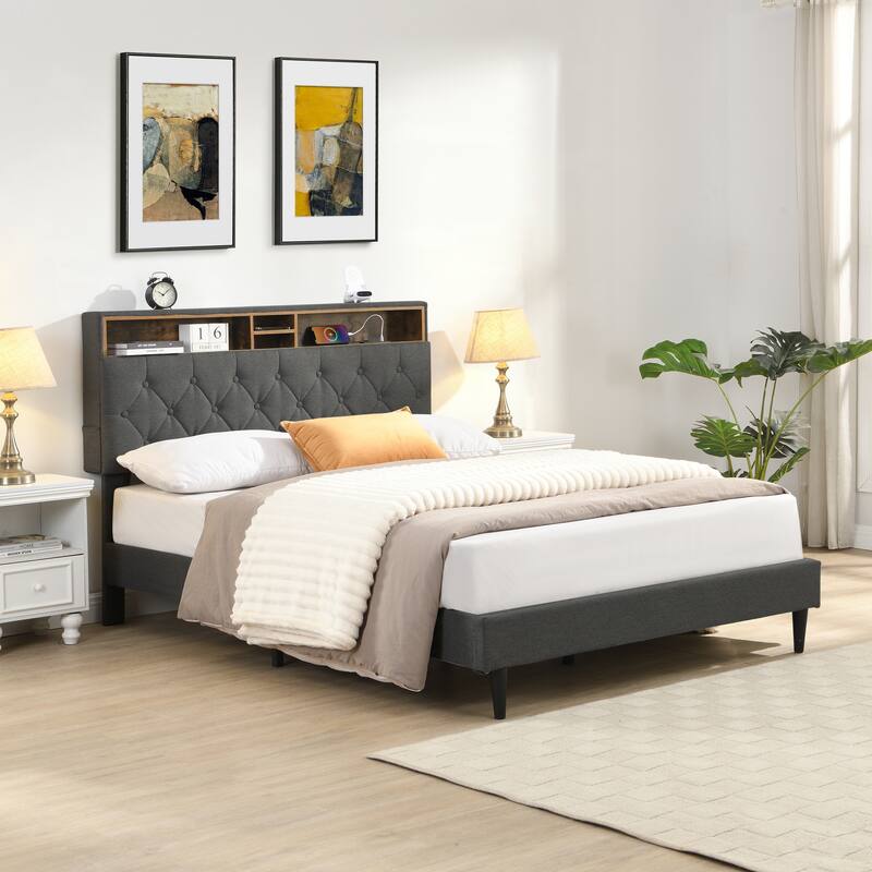 King Size Upholstered Platform Bed Frame Button Tufted Linen Headboard USB Ports Charging Station Dark Grey