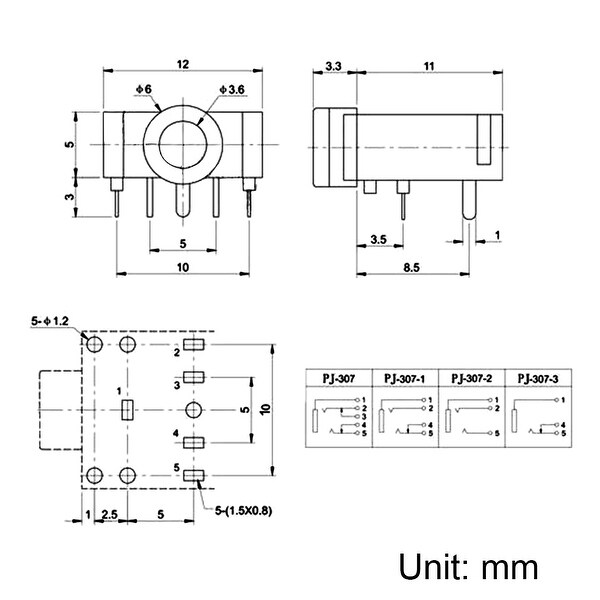 10x 5 Pin PCB Mount Female 3.5 mm Stereo Klinkenbuchse PJ-307 HlM0H& 