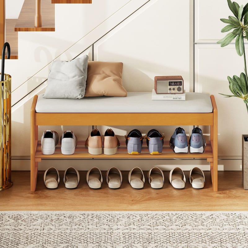 Gymax 40'' 2-Tier Shoe Rack Bench w/Flip-Top Storage Slatted Shelf for