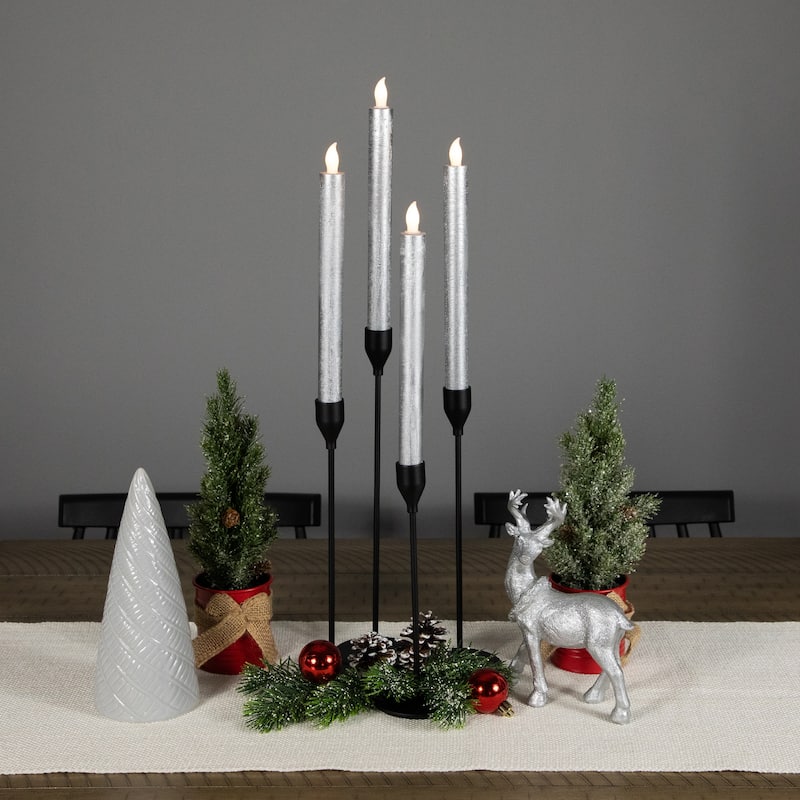 4 Brushed Silver-Tone LED Flameless Wax Flickering Taper Candles 9.5"