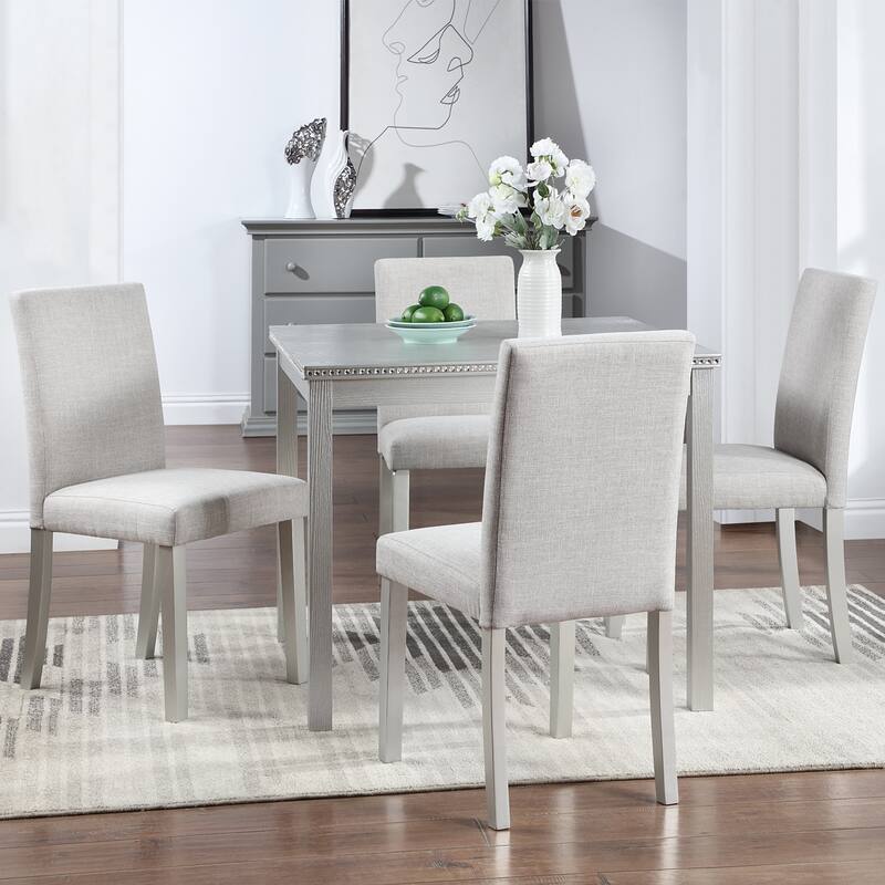 5 Piece Dining Table Set with 4 Upholstered Dining Chairs Wooden Dining Table with Crystal Accent Table Edge for Kitchen