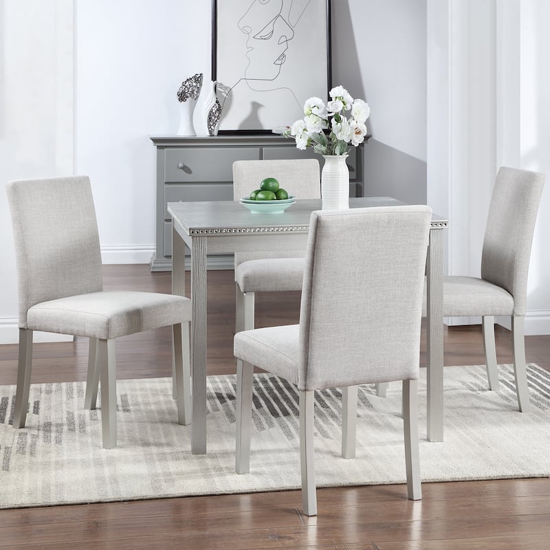 GDFStudio - Hamilton 5-Piece Classic Crystal Tabletop Square Wooden Dining Table Set with 4 Upholstered Dining Chairs