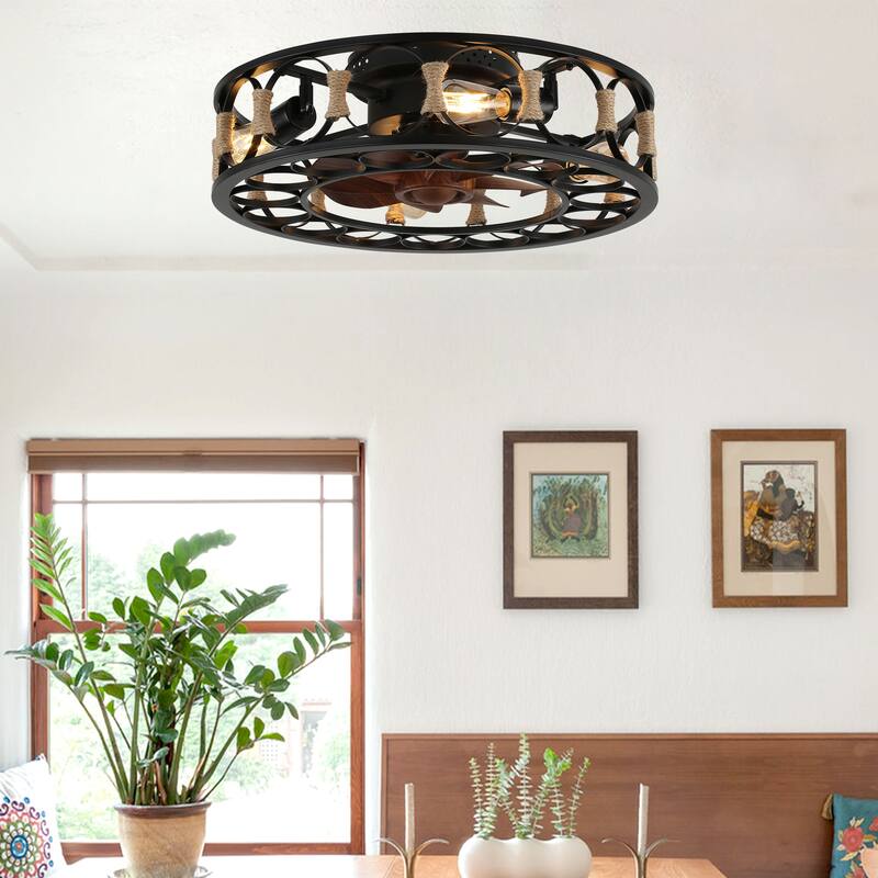20" Modern Black Low Profile Ceiling Fan with Dimmable LED Lights and Remote,6-Speed Reversible Fan - 19.7inch