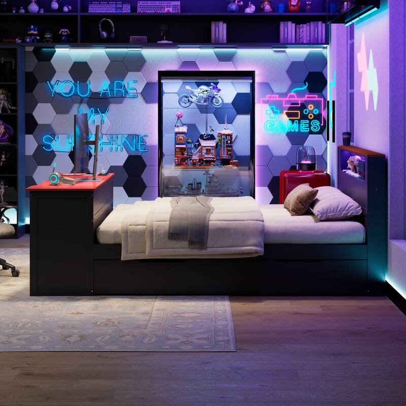 Wood Daybed with Trundle & Built-in Desk, LED Lights & USB Charging Port, Available in Full or Twin