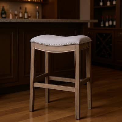 HomeRoots 31" Gray and Oak Fabric and Solid Wood Backless Bar Height Bar Chair