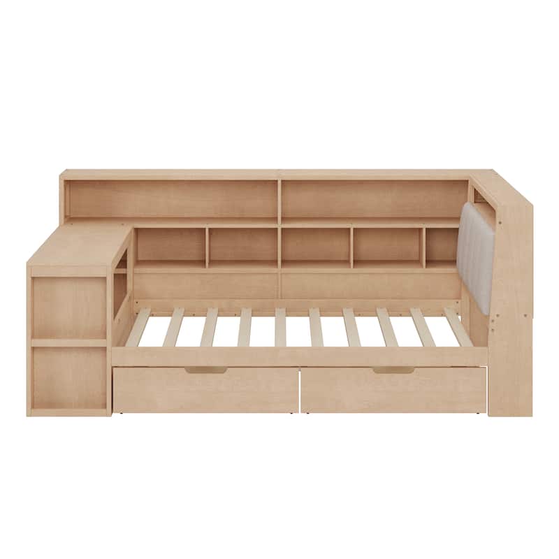 Wood Daybed L-shaped Bookcase Bed with Under-Bed Drawers and Side Bookshelf, Platform Daybed with Desk and Padded Headboard