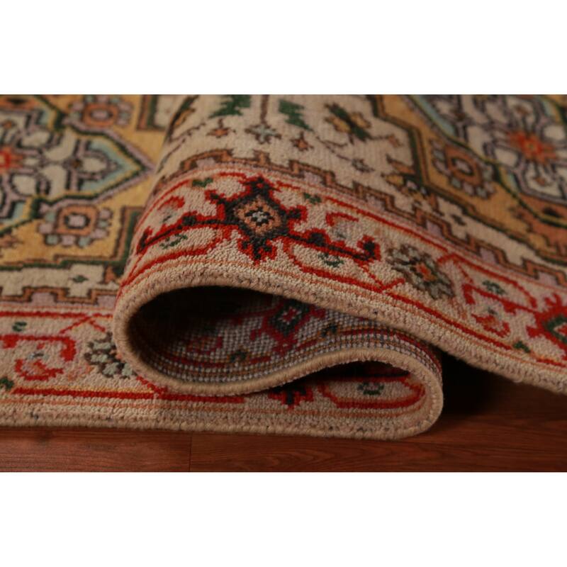 Hand Knotted Oriental 100% Wool Carpet Traditional Geometric Beige & Ivories Heriz (serapi) Runner Rug - 8' 1'' X 2' 7''