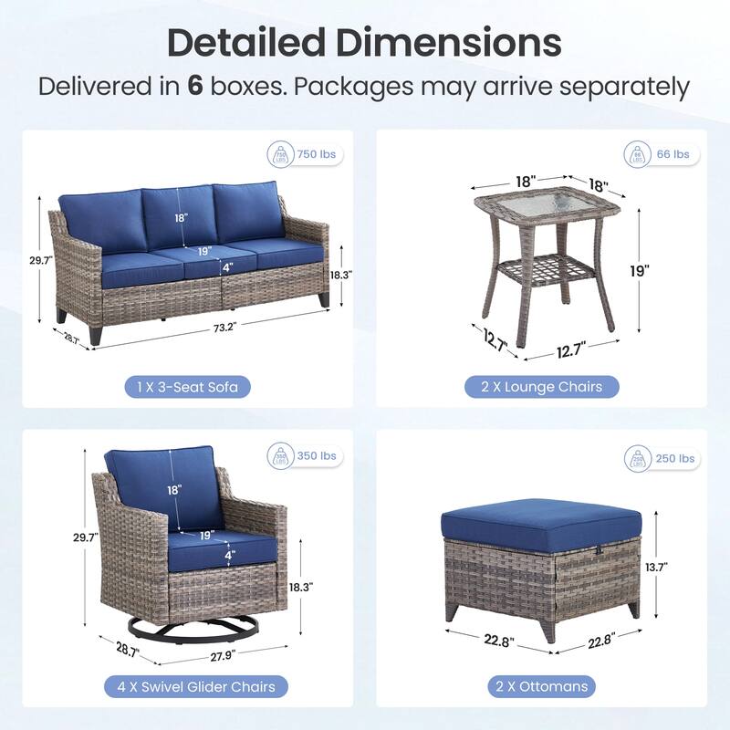 Pocassy Wicker Patio Sofa Glider Swivel Chair Ottoman Furniture Set.