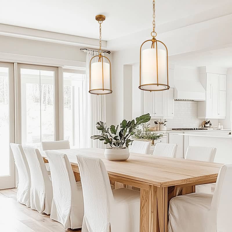 Antique Brass Finish 1-Light 10 in. Cage Pendant with White Fabric Shade