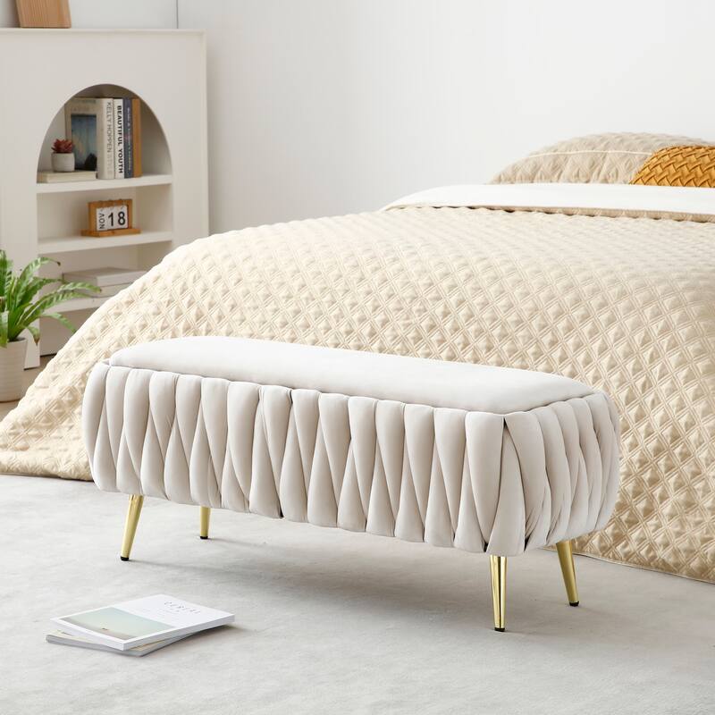 Oval Storage Bench with Gold Legs,Velvet Fabric Upholstered Ottoman Storage Benches for Bedroom End of Bed,Sherpa Fabric Bench - Beige