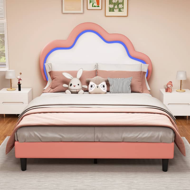 Moasis PU Adjustable Cloud Headboard Bed Frame Platform with LED - Hot Pink - Queen