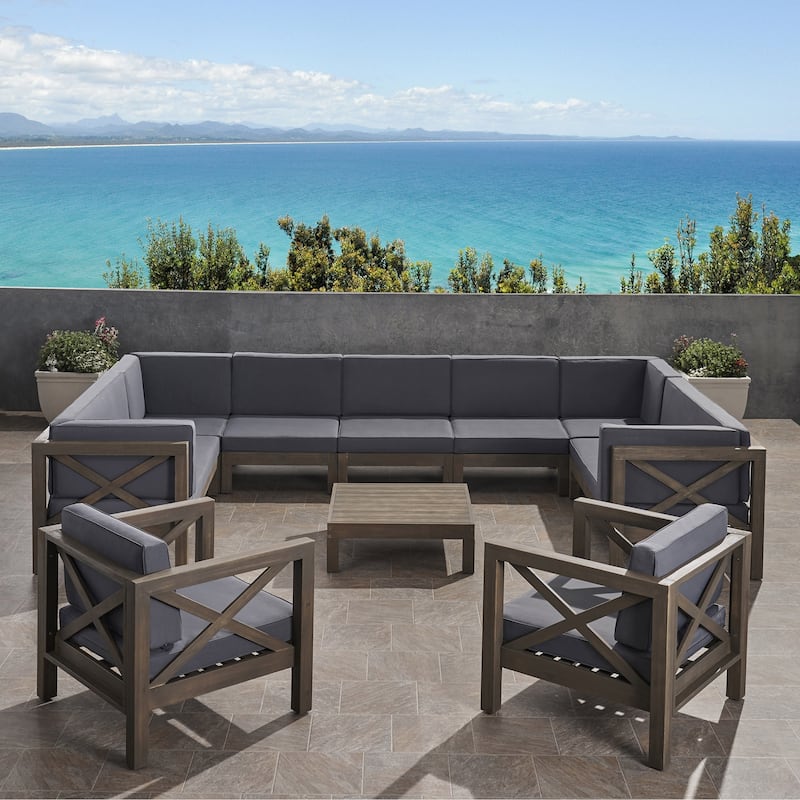 Brava Outdoor 11 Seater Acacia Wood Sectional Sofa and Club Chair Set by Christopher Knight Home
