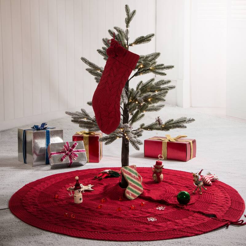 Glitzhome Set of 2 Knitted Polyester Christmas Stocking Tree Skirt