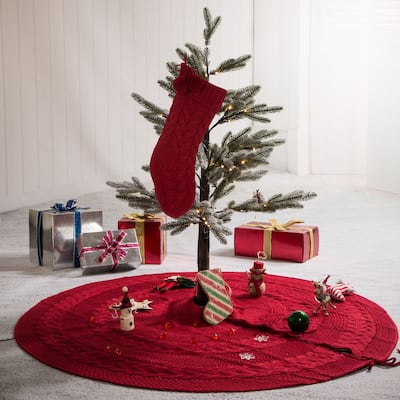 Glitzhome Set of 2 Knitted Polyester Christmas Stocking Tree Skirt