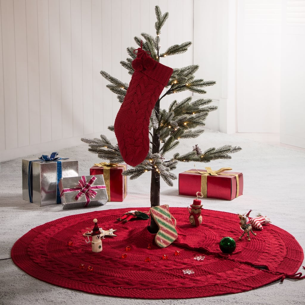 Glitzhome Set of 2 Knitted Polyester Christmas Stocking Tree Skirt