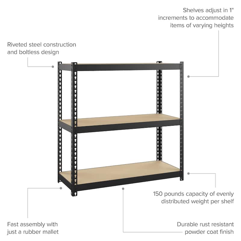 Space Solutions 1000 Riveted Steel Shelving 3-Shelf Unit, 12D x 30W x 30H, Black