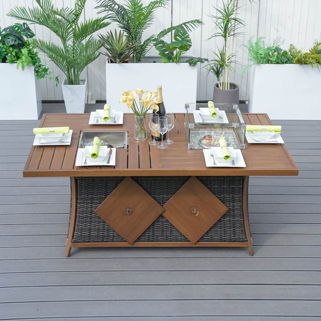 Outdoor Rectangular Fire Pit Table with Ice Bucket and Windshield