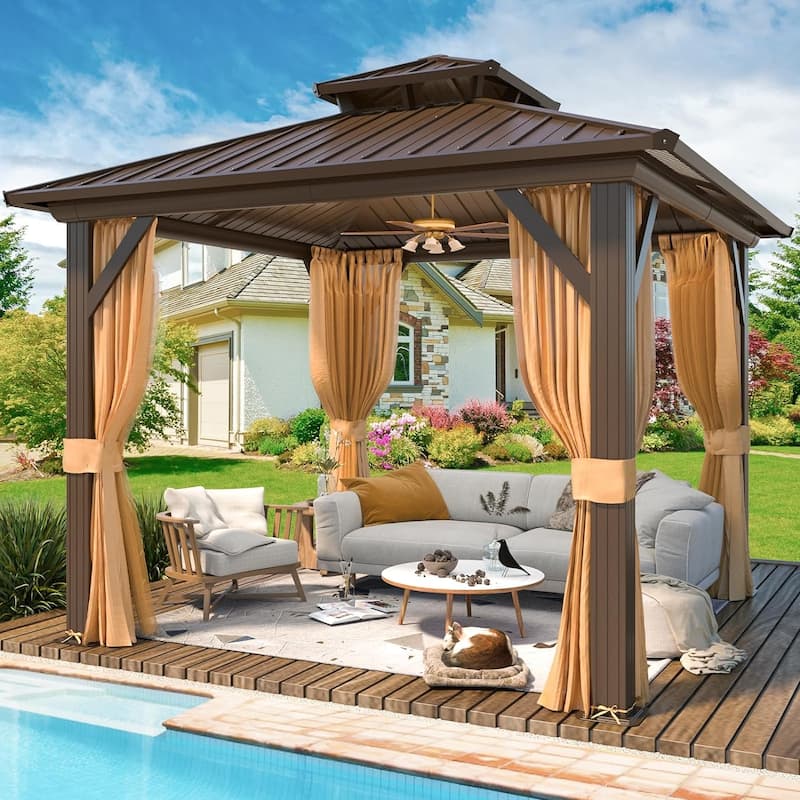 Outdoor Hardtop Gazebo with Galvanized Steel Double Roof & Aluminum Frame, Outdoor pergola with Premium Curtains and Nettings