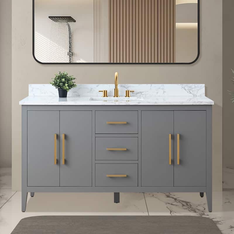 Vanity Art 60" Single Sink Bathroom Vanity Cabinet with Engineered Marble Countertop - 60"/Golden Brushed Handle - Cashmere Gray