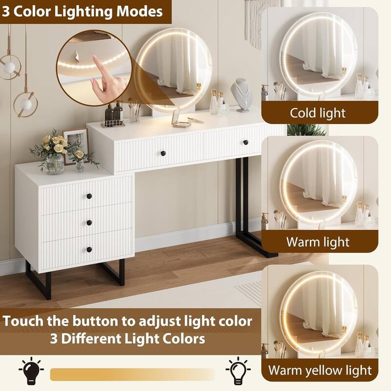 5 Drawers White Makeup Vanity Desk with Mirror and Lights