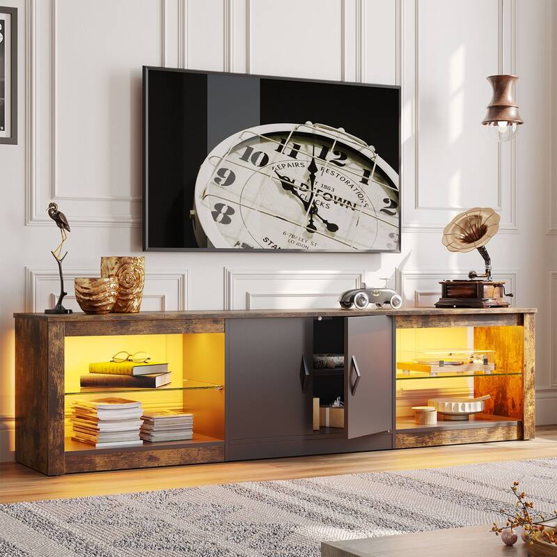 70 inch TV Stand 20 Color RGB Light Entertainment Center - Rustic Brown
