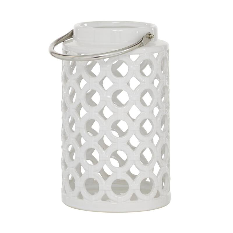 Ceramic Circles Decorative Candle Lantern with Cut Out Design - White - Roche River Decor