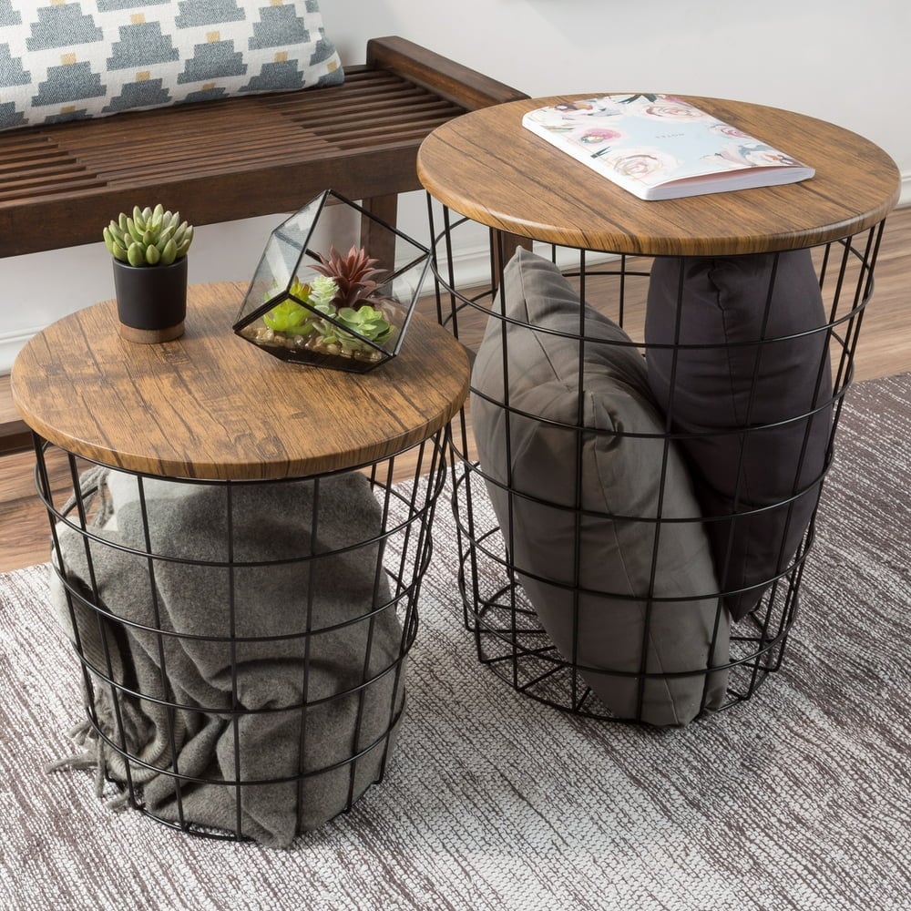 EPOWP Nesting End Tables with Storage- Set of 2 Round Metal Baskets