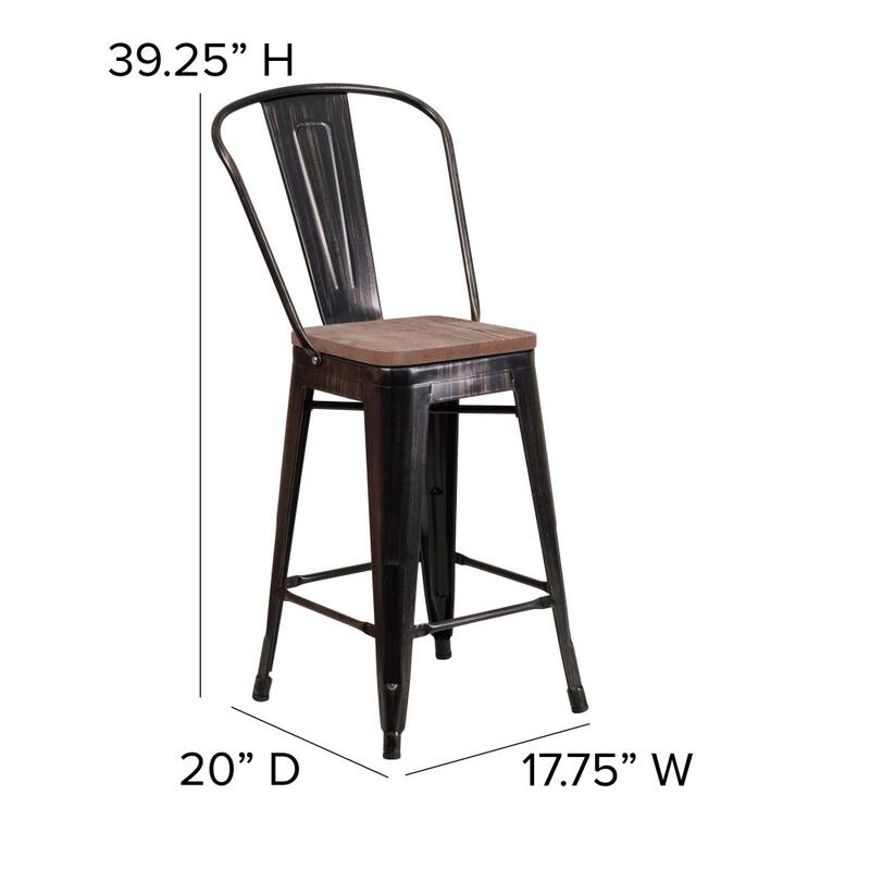 4 Pack 24" High Metal Counter Height Stool with Back and Wood Seat - 17.75"W x 20"D x 39.25"H
