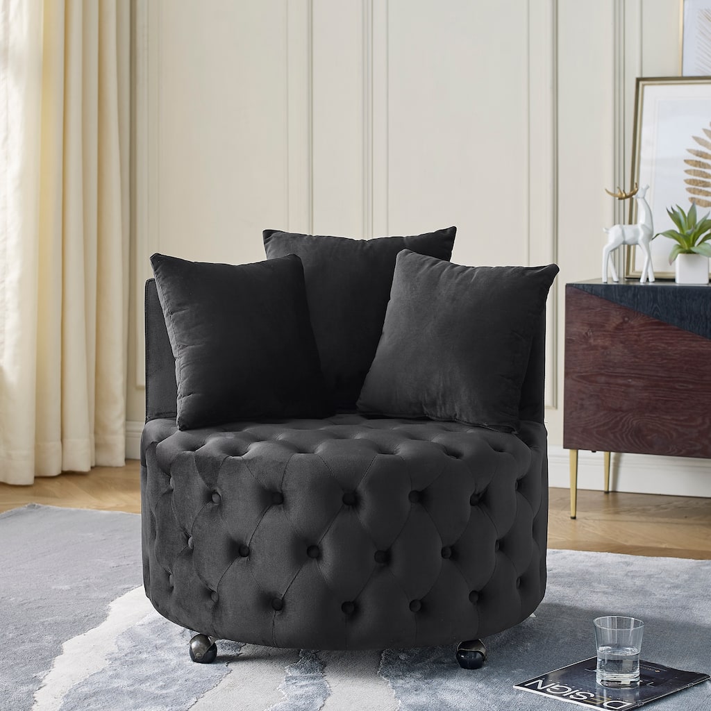 Black Modern 30" Upholstered Swivel Button Tufted Accent Chair with Movable Wheels and 3 Pillows