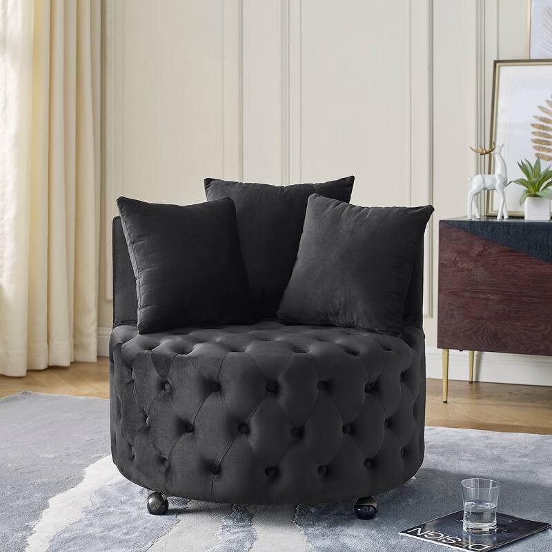 Roomfitters Velvet Swivel Chair with Tufted Button Design, Round Accent Chair with 3 Pillows and Wheels, Lounge Seating - Black