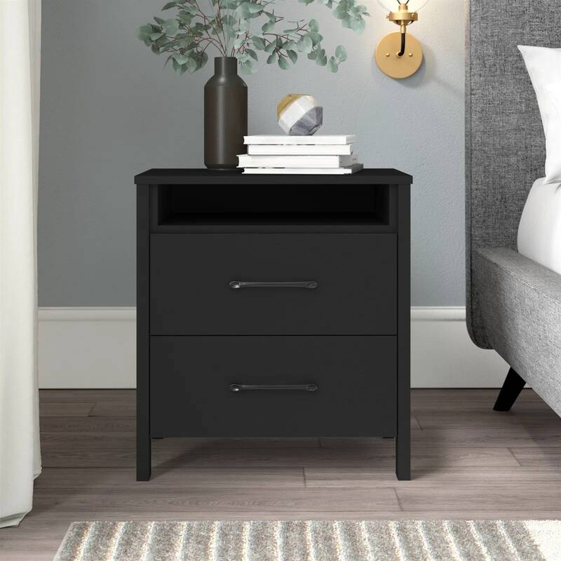 Modern 2-Drawer Bedside Table Nightstand with Shelf Wood Minimalist Bedroom Furniture