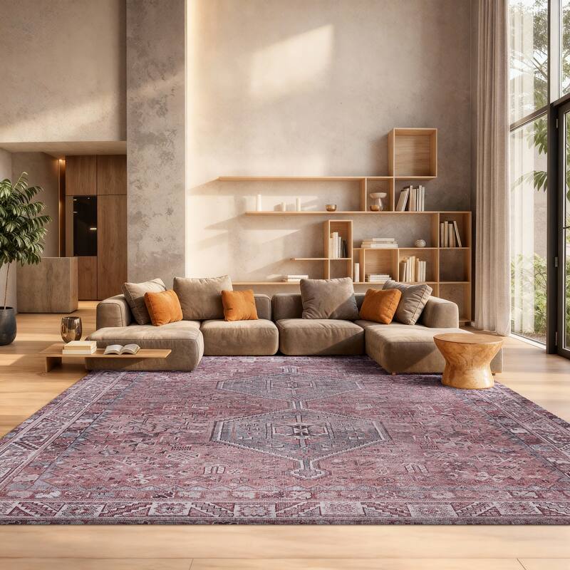 SAFAVIEH, Tucson Machine Washable Slip Resistant Peggy Boho Oriental - 9' x 12' - Light Rust/Beige - Rectangle