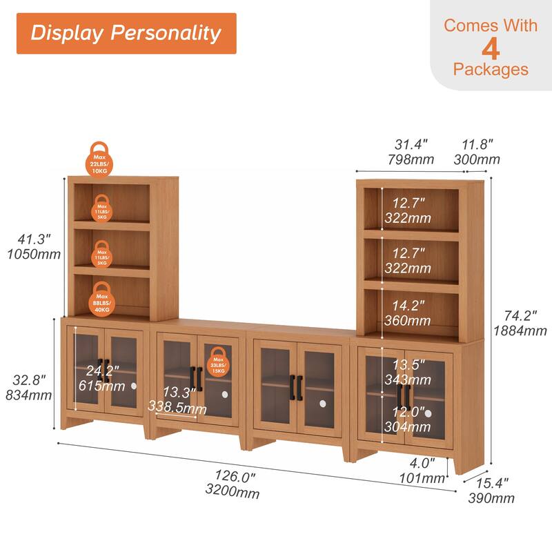 WAMPAT Farmhouse Entertainment Center with Bookshelves, Modular TV Stand with Storage Cabinets & Glass Doors