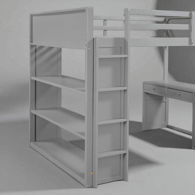 Full/Twin Size Loft Bed with Ladder, Desk, Shelves, and Drawers, Solid Wood Frame for Kids or Teens