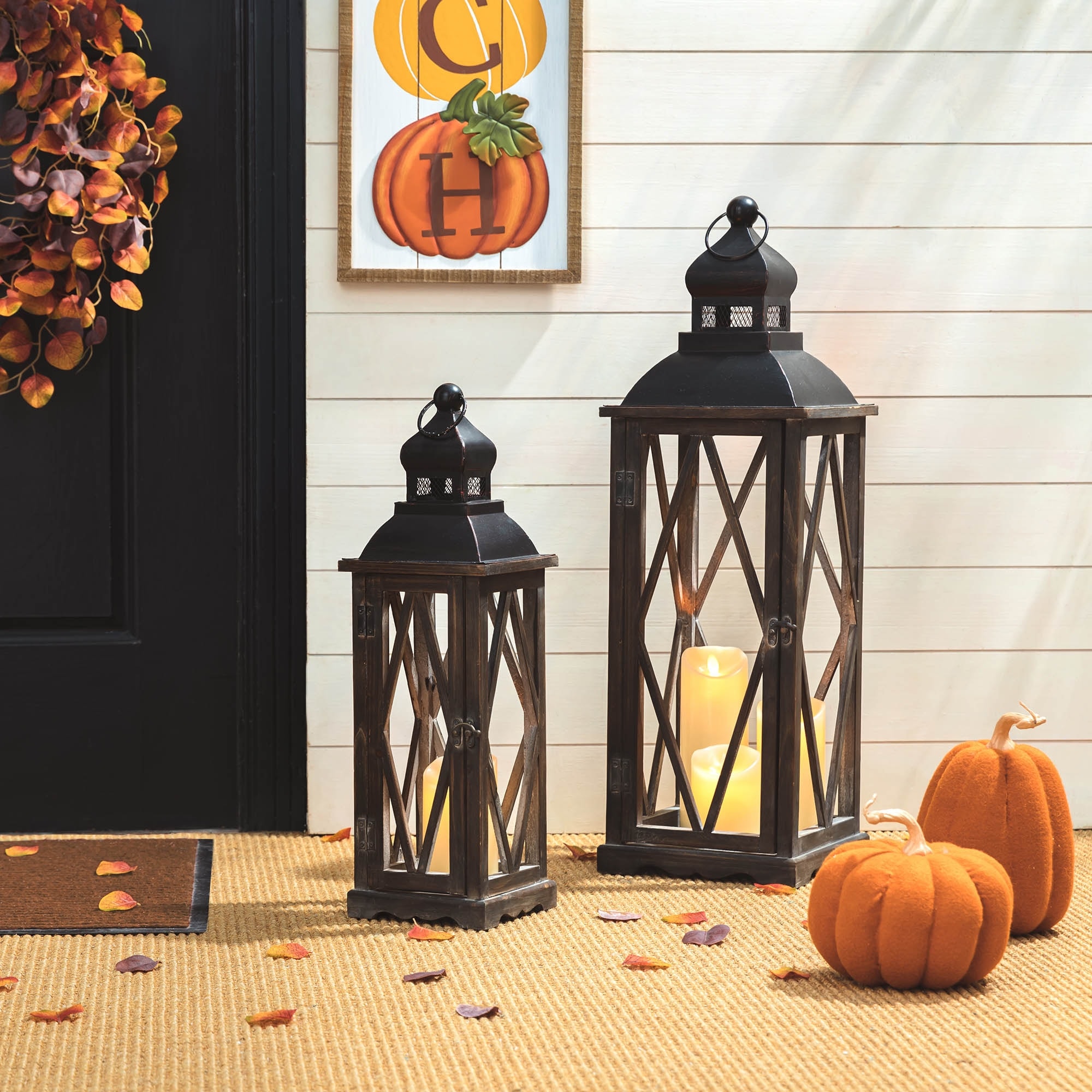Glitzhome 2-Piece Oversize Farmhouse Hanging Candle Holders Decorative Floor Lanterns