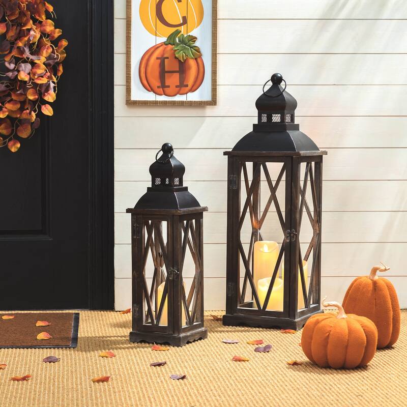 Glitzhome 2-Piece Oversize Farmhouse Wood/ Metal Candle Holders Outdoor Hanging Lanterns