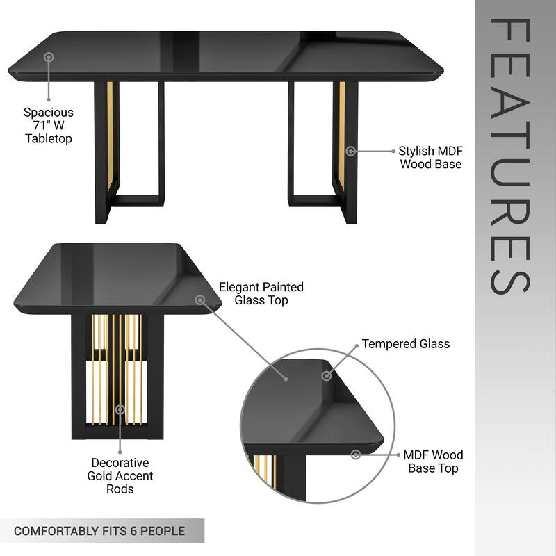 6 Seater Dining Table with Tempered Glass Top and Gold Accents Modern Design - Black