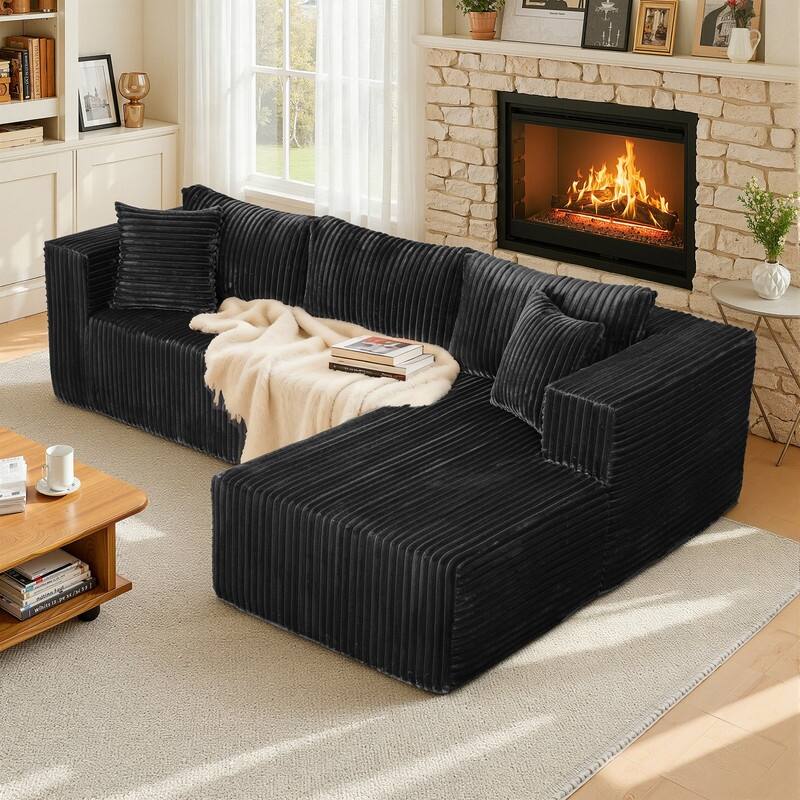 105 in. Wide Square Arm 2-Piece Modern Corduroy Fabric L-Shape Modular Sectional Sofa - Black-LeftChaise